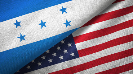 Honduras and United States two flags textile cloth, fabric texture