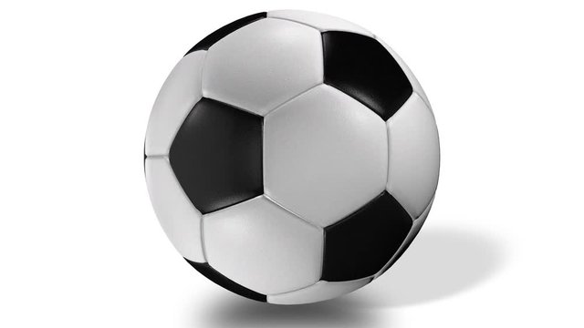 3D animation, realistic soccer ball spinning in center of screen.
