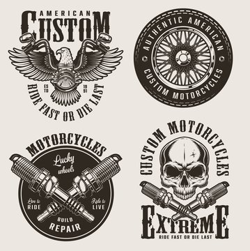 Vintage custom motorcycle badges set