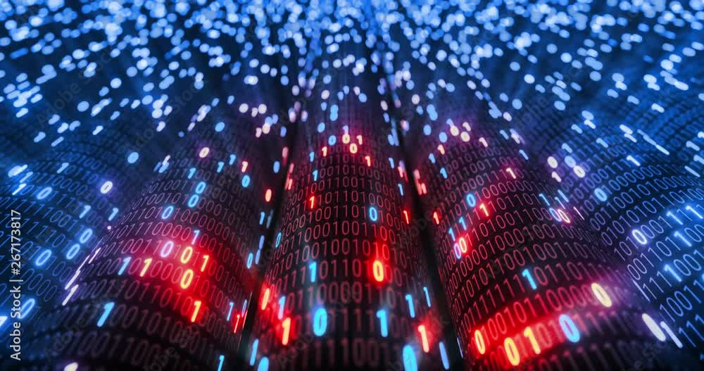 Poster Hacking red and blue digital binary code matrix 01 background. Hacker, dark web, matrix, Digital data code in safety security technology concept. 3D rendering