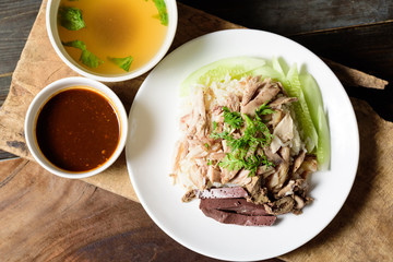 Thai cuisine (Khao Man Kai), Hainanese chicken rice with chili sauce and chicken soup
