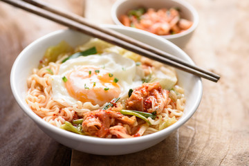 Kimchi noodle spicy soup with egg and vegetables, Korean food