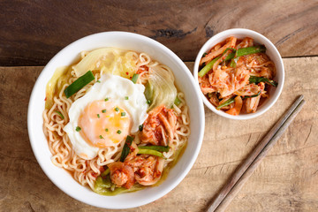 Kimchi noodle spicy soup with egg and vegetables, Korean food