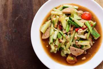 Spicy cucumber salad with steamed pork sausage, Thai food