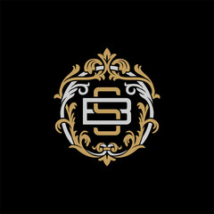 Initial letter B and S, BS, SB, decorative ornament emblem badge, overlapping monogram logo, elegant luxury silver gold color on black background