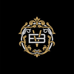 Initial letter B and V, BV, VB, decorative ornament emblem badge, overlapping monogram logo, elegant luxury silver gold color on black background