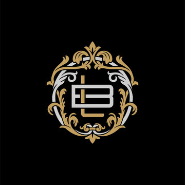 Initial letter B and L, BL, LB, decorative ornament emblem badge, overlapping monogram logo, elegant luxury silver gold color on black background