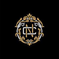 Initial letter C and N, CN, NC, decorative ornament emblem badge, overlapping monogram logo, elegant luxury silver gold color on black background