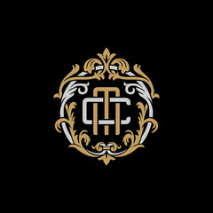 Initial letter C and M, CM, MC, decorative ornament emblem badge, overlapping monogram logo, elegant luxury silver gold color on black background