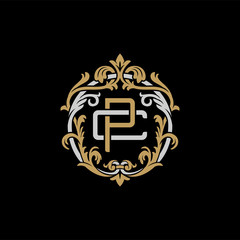 Initial letter C and P, CP, PC, decorative ornament emblem badge, overlapping monogram logo, elegant luxury silver gold color on black background