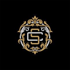 Initial letter C and S, CS, SC, decorative ornament emblem badge, overlapping monogram logo, elegant luxury silver gold color on black background - obrazy, fototapety, plakaty