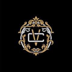 Initial letter C and V, CV, VC, decorative ornament emblem badge, overlapping monogram logo, elegant luxury silver gold color on black background