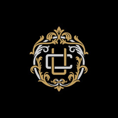 Initial letter C and U, CU, UC, decorative ornament emblem badge, overlapping monogram logo, elegant luxury silver gold color on black background