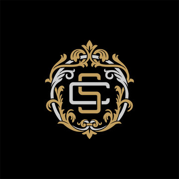 recommend clip art: Initial letter C and S, CS, SC, decorative ornament emblem badge, overlapping monogram logo, elegant luxury silver gold color on black background