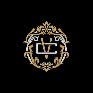 Initial letter C and V, CV, VC, decorative ornament emblem badge, overlapping monogram logo, elegant luxury silver gold color on black background