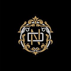 Initial letter D and N, DN, ND, decorative ornament emblem badge, overlapping monogram logo, elegant luxury silver gold color on black background