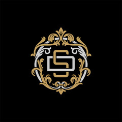 Obraz premium Initial letter D and S, DS, SD, decorative ornament emblem badge, overlapping monogram logo, elegant luxury silver gold color on black background