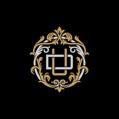 Initial letter D and U, DU, UD, decorative ornament emblem badge, overlapping monogram logo, elegant luxury silver gold color on black background