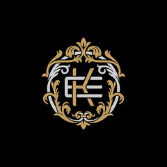 Initial letter E and K, EK, KE, decorative ornament emblem badge, overlapping monogram logo, elegant luxury silver gold color on black background