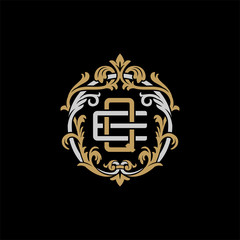 Initial letter E and Q, EQ, QE, decorative ornament emblem badge, overlapping monogram logo, elegant luxury silver gold color on black background