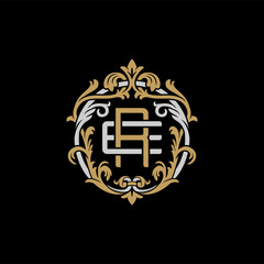 Initial letter E and R, ER, RE, decorative ornament emblem badge, overlapping monogram logo, elegant luxury silver gold color on black background
