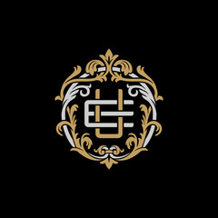 Initial letter E and U, EU, UE, decorative ornament emblem badge, overlapping monogram logo, elegant luxury silver gold color on black background