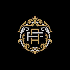 Initial letter F and A, FA, AF, decorative ornament emblem badge, overlapping monogram logo, elegant luxury silver gold color on black background