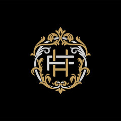 Initial letter F and H, FH, HF, decorative ornament emblem badge, overlapping monogram logo, elegant luxury silver gold color on black background