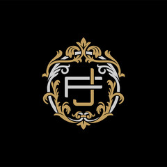 Initial letter F and J, FJ, JF, decorative ornament emblem badge, overlapping monogram logo, elegant luxury silver gold color on black background