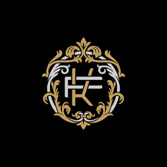 Initial letter F and K, FK, KF, decorative ornament emblem badge, overlapping monogram logo, elegant luxury silver gold color on black background