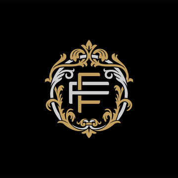 Initial letter F and F, FF, decorative ornament emblem badge, overlapping monogram logo, elegant luxury silver gold color on black background