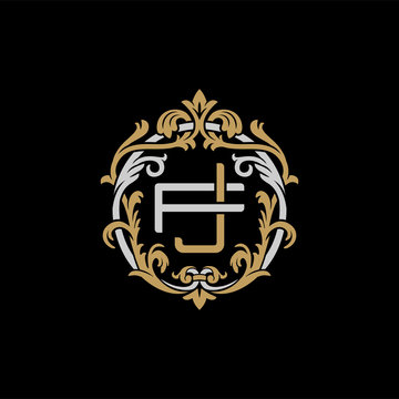 Initial letter F and J, FJ, JF, decorative ornament emblem badge, overlapping monogram logo, elegant luxury silver gold color on black background