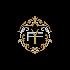Initial letter F and Y, FY, YF, decorative ornament emblem badge, overlapping monogram logo, elegant luxury silver gold color on black background