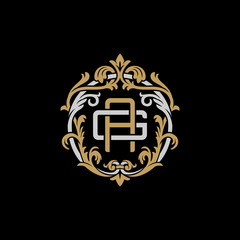 Initial letter G and A, GA, AG, decorative ornament emblem badge, overlapping monogram logo, elegant luxury silver gold color on black background