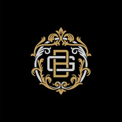 Initial letter G and B, GB, BG, decorative ornament emblem badge, overlapping monogram logo, elegant luxury silver gold color on black background