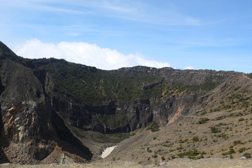  the clear sky above the volcanic crater that surrounds the clouds