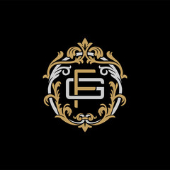 Initial letter G and F, GF, FG, decorative ornament emblem badge, overlapping monogram logo, elegant luxury silver gold color on black background