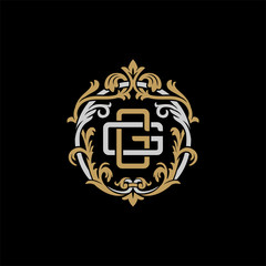 Initial letter G and G, GG, decorative ornament emblem badge, overlapping monogram logo, elegant luxury silver gold color on black background