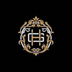Initial letter G and H, GH, HG, decorative ornament emblem badge, overlapping monogram logo, elegant luxury silver gold color on black background
