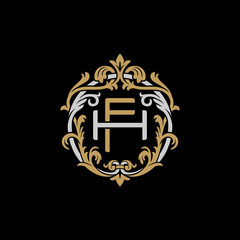 Initial letter H and F, HF, FH, decorative ornament emblem badge, overlapping monogram logo, elegant luxury silver gold color on black background