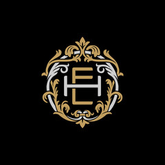 Initial letter H and E, HE, EH, decorative ornament emblem badge, overlapping monogram logo, elegant luxury silver gold color on black background