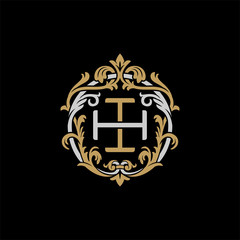 Initial letter H and I, HI, IH, decorative ornament emblem badge, overlapping monogram logo, elegant luxury silver gold color on black background