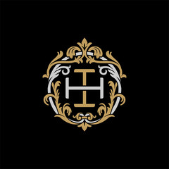 Initial letter H and I, HI, IH, decorative ornament emblem badge, overlapping monogram logo, elegant luxury silver gold color on black background
