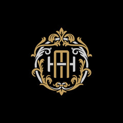 Initial letter H and M, HM, MH, decorative ornament emblem badge, overlapping monogram logo, elegant luxury silver gold color on black background