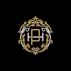 Initial letter H and P, HP, PH, decorative ornament emblem badge, overlapping monogram logo, elegant luxury silver gold color on black background