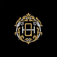 Initial letter H and Q, HQ, QH, decorative ornament emblem badge, overlapping monogram logo, elegant luxury silver gold color on black background