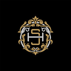 Initial letter H and S, HS, SH, decorative ornament emblem badge, overlapping monogram logo, elegant luxury silver gold color on black background