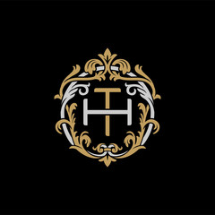 Initial letter H and T, HT, TH, decorative ornament emblem badge, overlapping monogram logo, elegant luxury silver gold color on black background