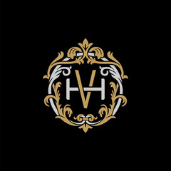 Initial letter H and V, HV, VH, decorative ornament emblem badge, overlapping monogram logo, elegant luxury silver gold color on black background