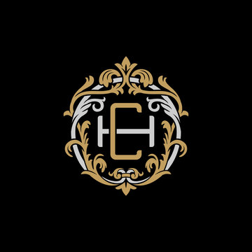 Initial letter H and C, HC, CH, decorative ornament emblem badge, overlapping monogram logo, elegant luxury silver gold color on black background